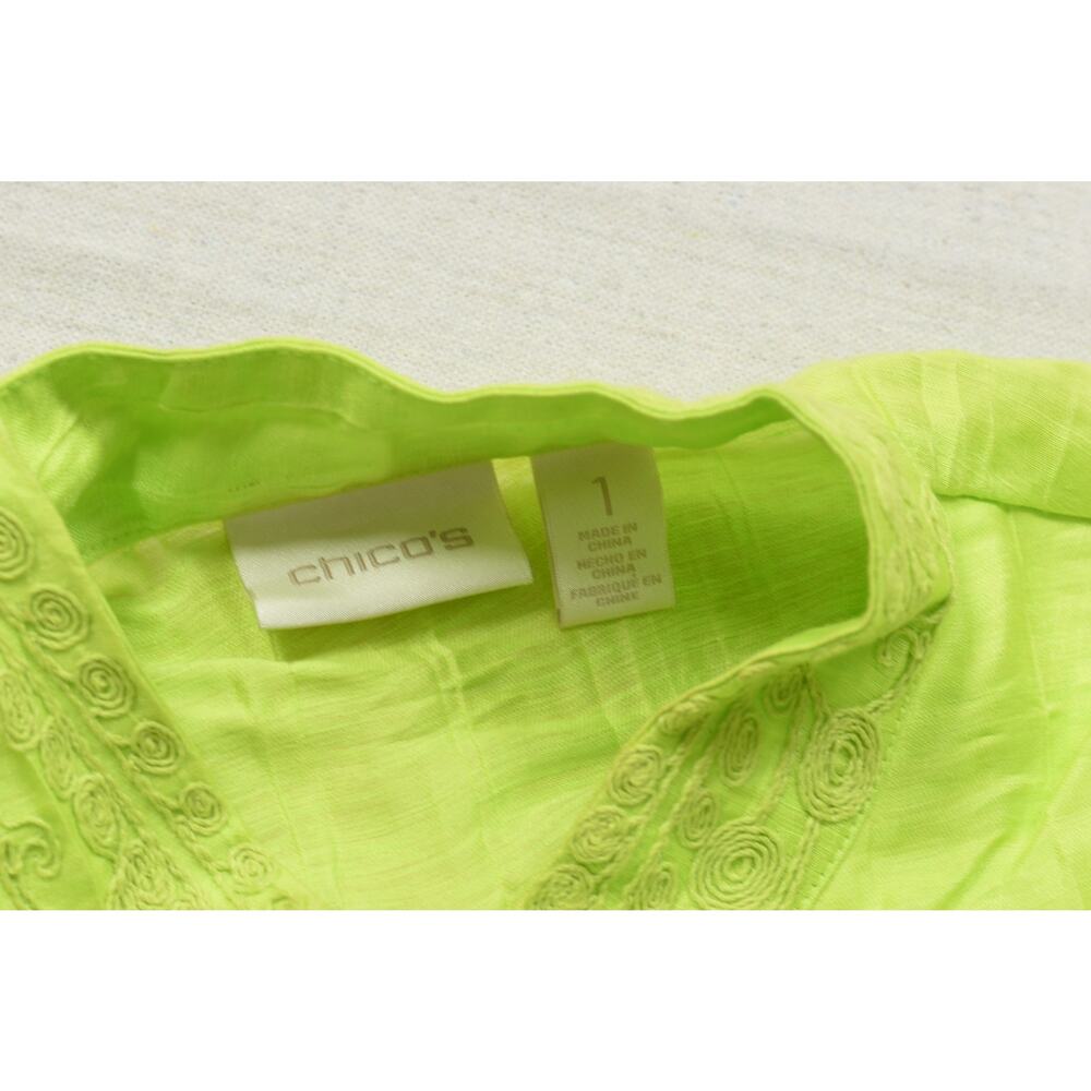 Chico's Lime Green Linen Blend Embroidered Open Front Lightweight Jacket Size 1 - Picture 7 of 8
